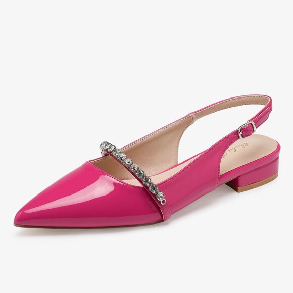 Women Hot Pink Polyurethane (PU) Rhinestone Pointed Toe Slingback Flats Shoes - Picture 4 of 9